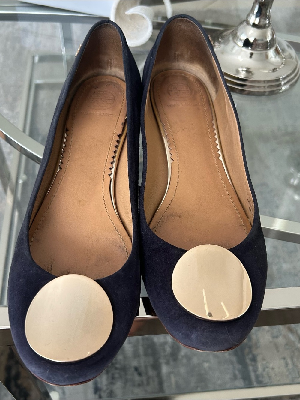 Tory Burch Navy Suede Flats with Gold Disc